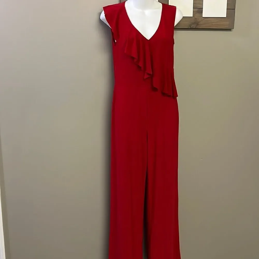 Bebe Red V-Neck Sleeveless Ruffled Wide Leg Back Zip-Up Jumpsuit- Size 6